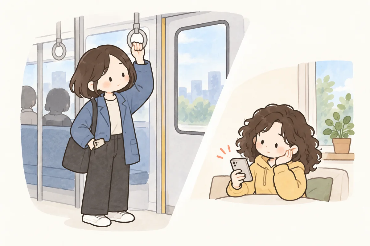 전철로 이동 중인 사람과 집에서 메시지를 확인하는 친구