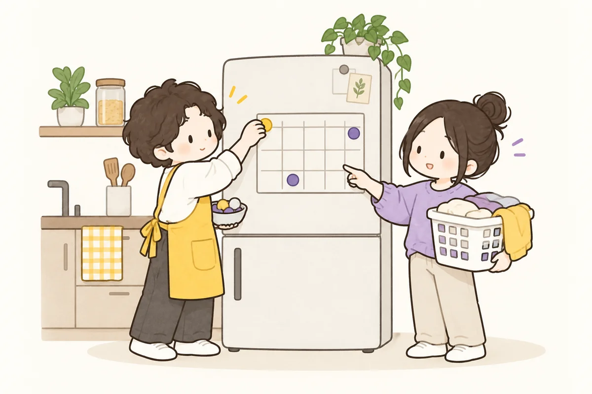 부엌 냉장고의 주간 일정표를 보며 집안일을 나누는 두 사람